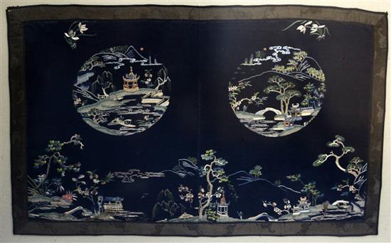 A Chinese embroidered silk panel, late Qing dynasty, 52 x 82cm, framed and glazed